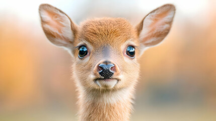 Fototapeta premium Adorable fawn portrait, autumn forest background, wildlife photography, nature calendar