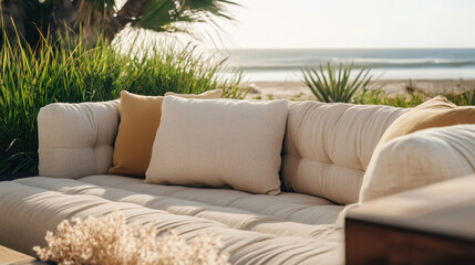 Fototapeta premium Terrace with a sofa in a modern villa by the beach