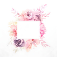 Watercolor floral greeting card. Elegant floral border with soft pastel colors featuring roses, tulips, and orchids for invitations