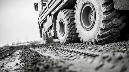 Heavy Duty Truck Tire Tracks on Muddy Ground in Black and White