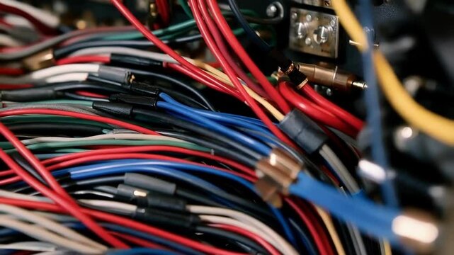 Multiple colorful electrical wires with connectors are intertwined, forming a complex network within an electronic device, suggesting a sophisticated and intricate system