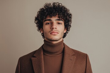 A young man with curly hair wearing a brown turtleneck and coat against a neutral background.