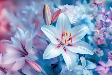 Fototapeta premium Beautiful close up of white lilies among soft pastel flowers, capturing the serene essence of spring and freshness, perfect for botanical themes