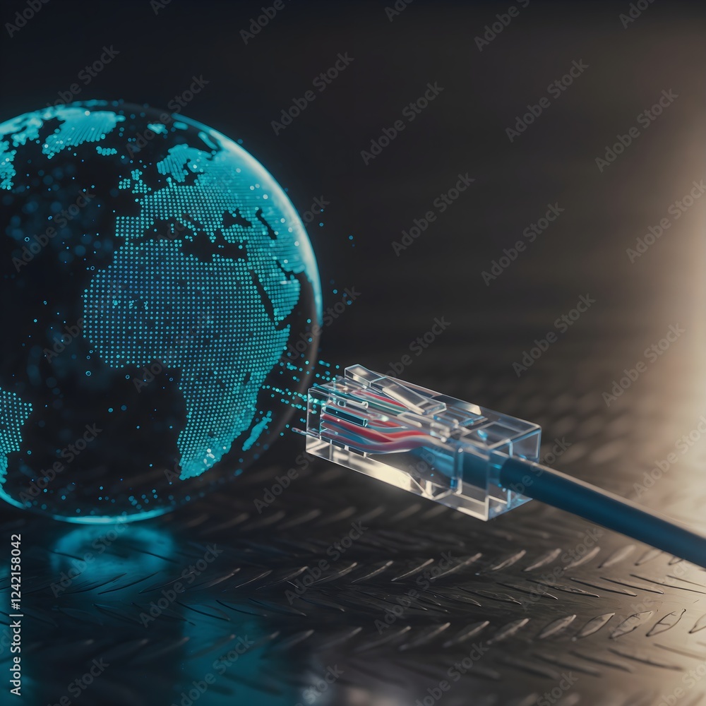 Poster global internet connection, glowing 3d digital earth globe linked to an ethernet cable, representing