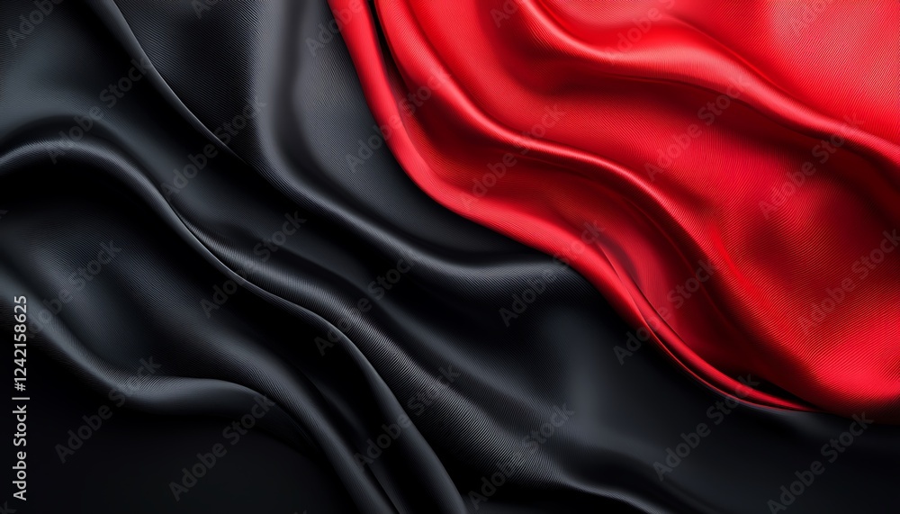 Poster a dramatic black and red 3d wave of silk fabric, gently flowing with gradient tones, creating a deep