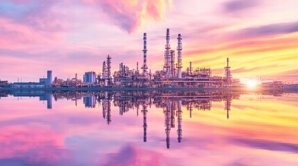Naklejka premium Industrial Plant at Sunset with Reflection in Calm Water Below