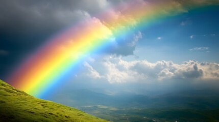 Fototapeta premium A vibrant rainbow stretches across a dramatic sky, casting its brilliant hues over rolling green hills.