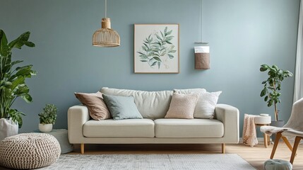 Serene Living Room Interior with Beige Sofa, Plants, and Blue Walls