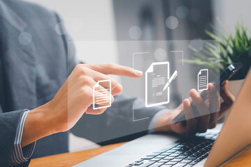 Document management concept, check electronic documents on digital documents on virtual screen Document Management System and process automation to efficiently document paperless operate, document.