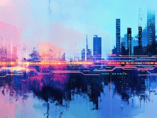 Urban skyline with bright lines and pastel reflection, for tech design, or abstract wallpaper