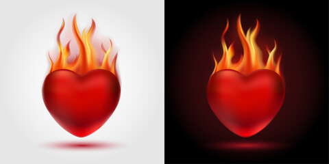 Glossy red heart on fire on white and dark background. Mesh gradient icon. Love romantic design. Template for holiday cards, Valentine's day, happy wedding