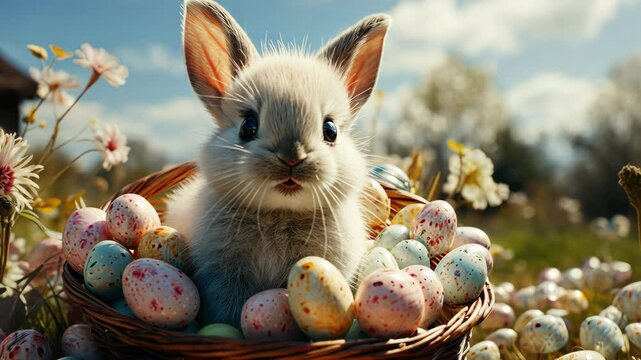 Cute bunny sitting outdoor on green grass with colorful Easter eggs