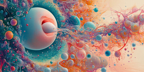 Abstract cosmic birth; vibrant spheres, swirling nebula.  Science fiction concept art