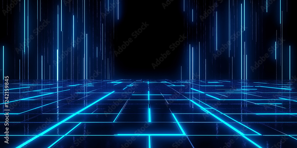 Poster futuristic neon grid floor with falling lines creating a digital world