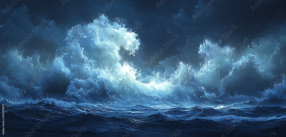 Poster a dramatic stormy sea wave crashing with intense force in a deep blue backdrop, emphasizing the raw 
