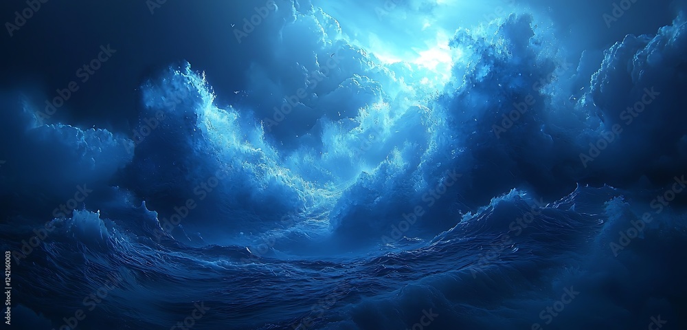 Poster a dramatic stormy sea wave crashing with intense force in a deep blue backdrop, emphasizing the raw 