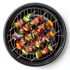 Top view of delicious beef and vegetable skewers grilling on a round black grill.