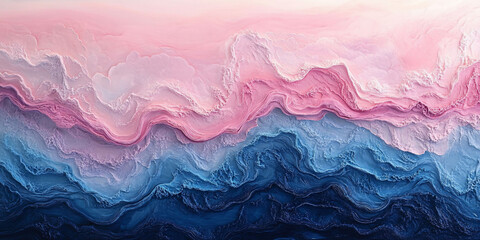 Abstract pink, blue landscape; layered waves; calming background; design decor
