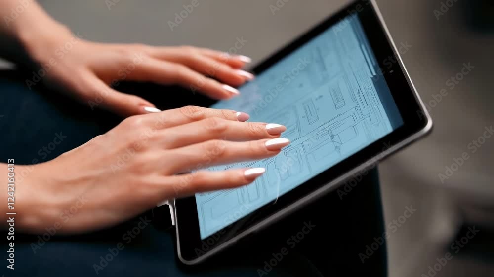 Poster female designer working on user interface and user experience design for a mobile app, testing the u