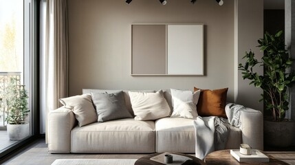 Modern Beige Sofa in Minimalist Living Room Interior with Plants and Artwork