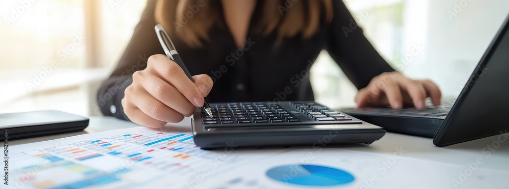 Poster a person is using a calculator and laptop, analyzing financial data presented in graphs and charts o