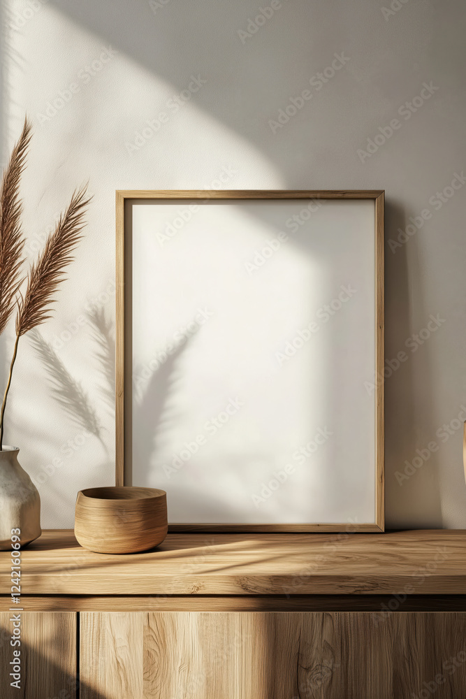 Wall mural Wooden mock up poster frame on a wood modern dresser