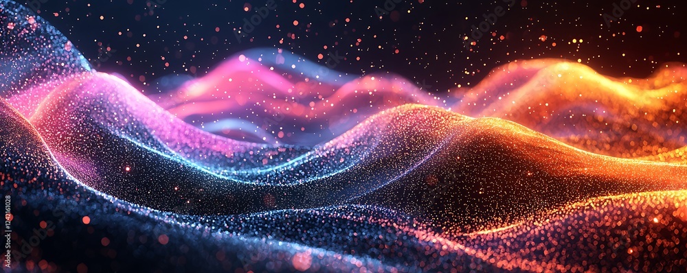 Poster a dynamic 3d render of retro-futuristic waves in motion, filled with iridescent neon colors for an i