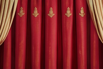 Red velvet stage curtains, gold accents, theater backdrop, presentation