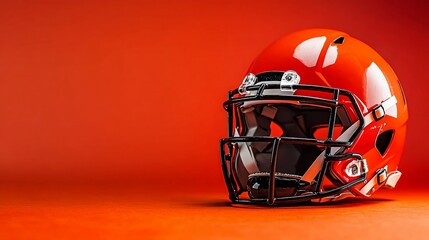 Fototapeta premium Vibrant orange football helmet on a gradient background, showcasing sports equipment for enthusiasts