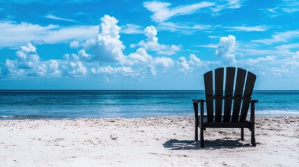 Photo of a black wooden chair on the beach with a blue sky and clouds