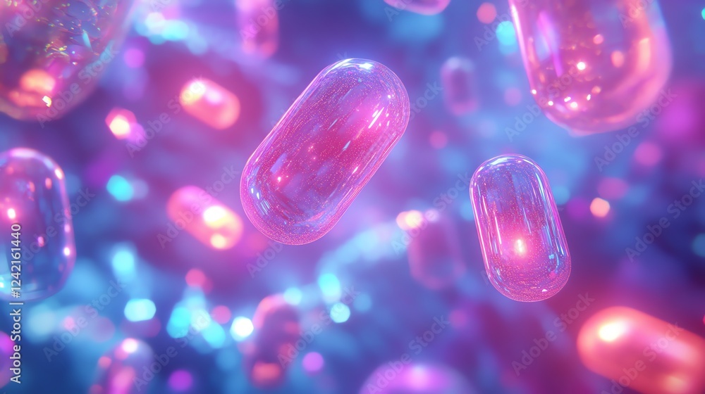 Poster vibrant microscopic view of colorful capsules floating in a surreal digital environment