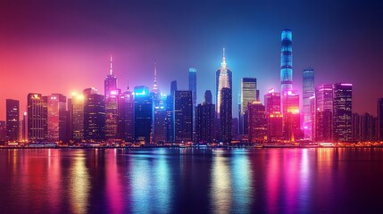 Fototapeta premium Vibrant City Skyline Illuminated at Night With Reflections on Water