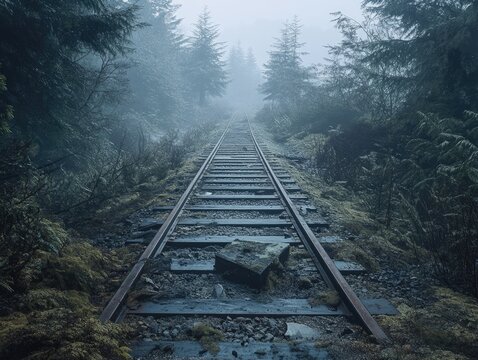 Mystical railway track vanishing into a foggy forest with tall green trees