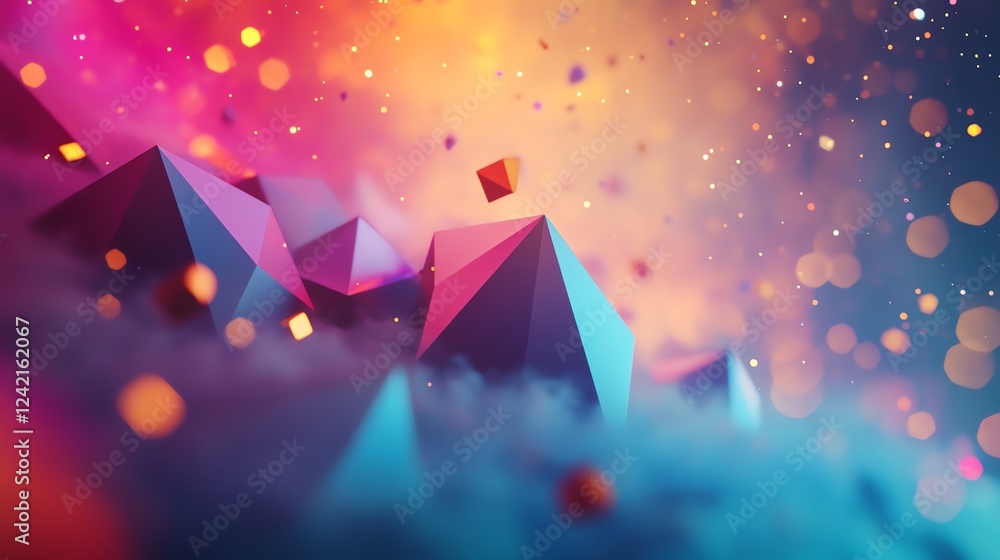 Poster colorful geometric shapes float in a vibrant atmosphere filled with particles during a digital art d