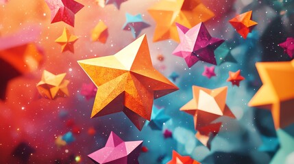 Colorful Geometric Stars Floating in a Vibrant Abstract Background With a Dreamy Atmosphere