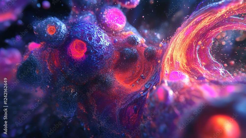 Poster colorful abstract representation of cells and particles in a dynamic cosmic environment with vivid t