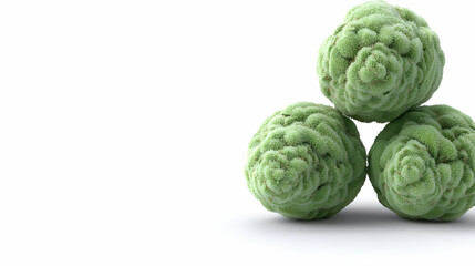 Fototapeta premium Three green textured spheres, white background, studio shot, food illustration