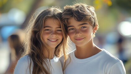 Obraz premium Portrait of two smiling children, a girl and a boy, wearing white shirts. They are close together, shoulders touching, in a brightly lit outdoor setting with a blurred background. The image evokes
