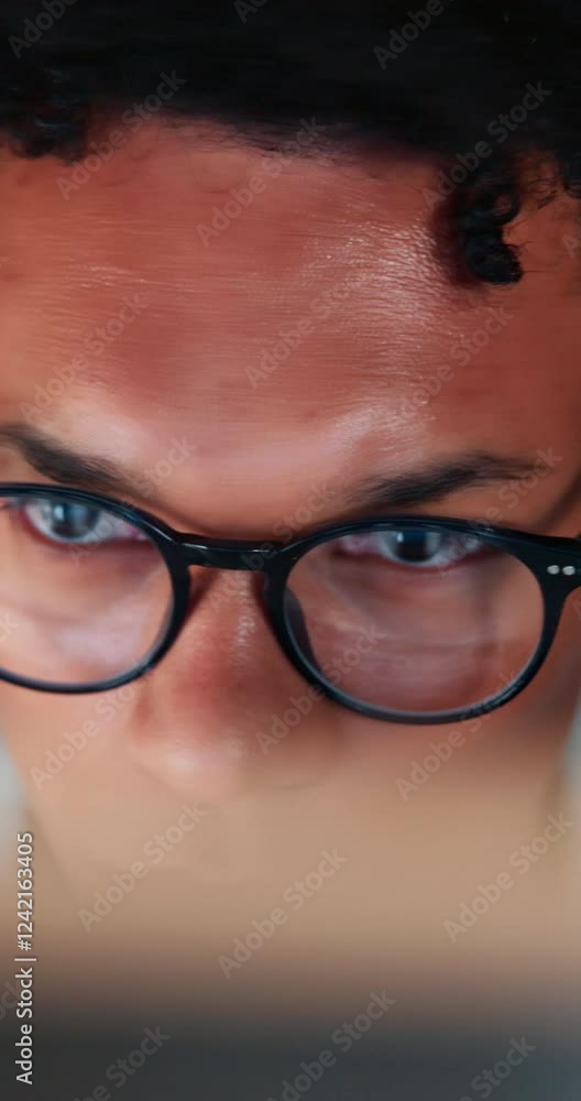 Aufkleber Hacker, coding and man with glasses by computer for ransomware phishing, cyber attack and malware threat. Reflection, programmer and focus on hacking database with fraud password and server access