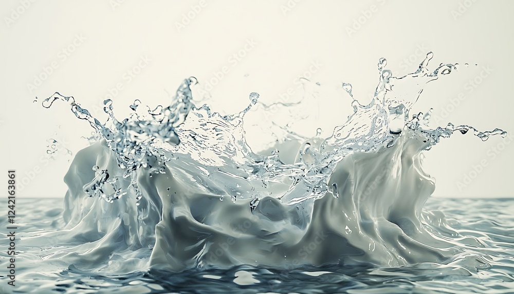 Poster a dynamic splash of water isolated on a white background, capturing the energy and fluidity of liqui