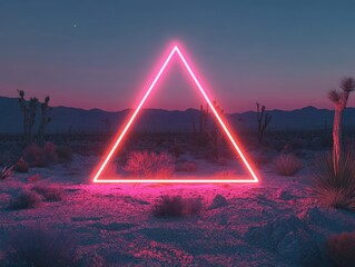 Neon triangle glows brightly against desert landscape under twilight sky