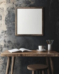 Rustic Workspace with Blank Frame Mockup.