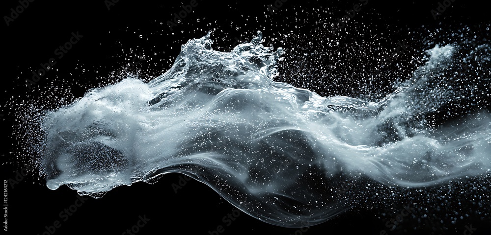 Poster a dynamic water splash, frozen in time with droplets splashing in all directions, creating an energe