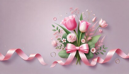 Fototapeta premium Floral arrangement with pink tulips with green leaves for International Women's Day, Mother's Day, a soft pink bow and small decorative elements such as glitter and dried flowers. Design for pennant.