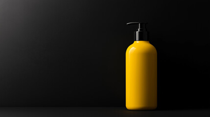 modern dispenser yellow bottle with a pump , on black  background . cream , shampoo , cosmetic , soap , gel