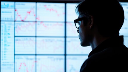 A medium closeup of a researcher examining a set of complex data graphs and quantum simulation results on a large screen with shadows cast from lab equipment accentuating the intensity