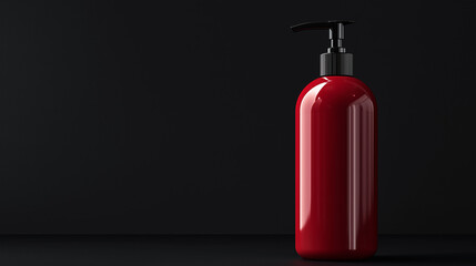 Obraz premium modern dispenser red bottle with a pump , on black background . cream , shampoo , cosmetic , soap , gel