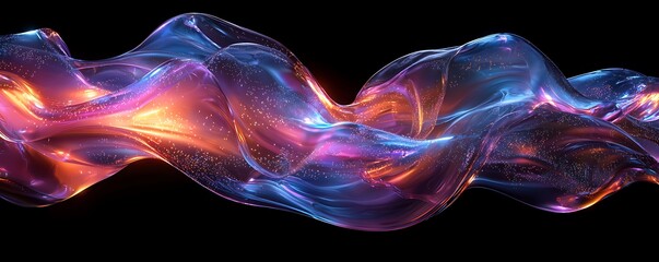 Obraz premium A flowing 3D render of iridescent holographic neon waves in motion, with bright, futuristic gradients for dynamic designs.
