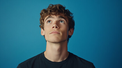 Fototapeta premium A young man, looking up with a curious and thoughtful face expression. thinking of an idea to solve a problem, clever man, studio shot, isolated on a blue background, wondering, guessing.