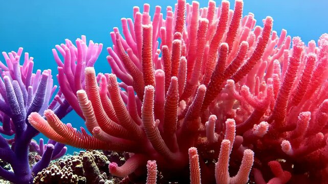 Colorful Coral Reef Underwater Scene with Pink and Purple Coral Against a Blue Background in 16x9 Aspect Ratio